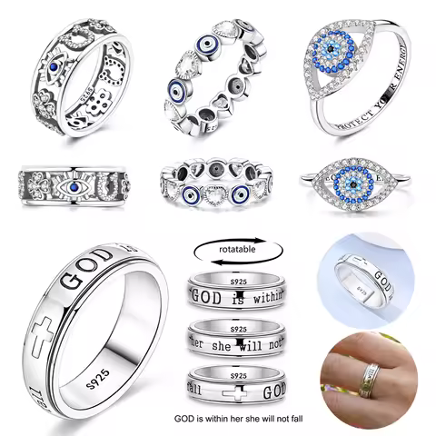 Evil Eye Blue CZ Heart Four Leaf Clover Rotatable Scripture Ring Original Silver Plated Valentine's 