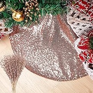 Sratte 31 Pcs Champagne Christmas Tree Decorations Includes 30 Pcs 17'' Artificial Glitter Berry Stems 35.43'' Sequin Glitter Christmas Tree Skirt DIY Decorative Glitter Sticks for Party Room Gift