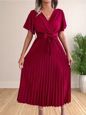 Women's Summer Dresses Pleated Ruffle Sleeve Tie Waist Party Dress V Neck Swing Cocktail Long Maxi D