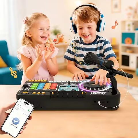 Kid DJ Mixer with Microphone Electronic Piano Keyboard Bluetooth DJ Turntable Console Junior Musical