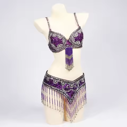Women's Oriental style sequin beaded bra and belt 2-piece water diamond dance costume performance su