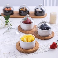 日式酒店沙拉冰淇淋碗圓形陶瓷面包碗布丁盅甜品碟配玻璃蓋竹托盤