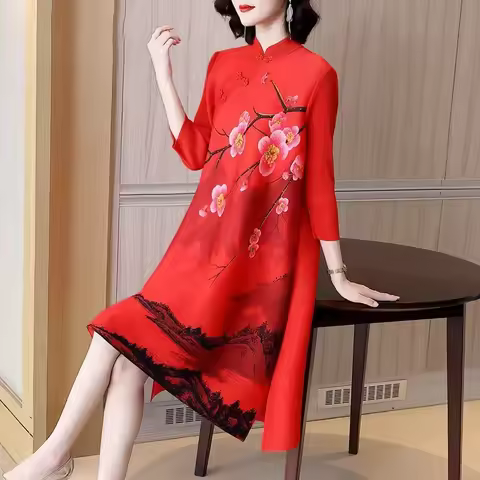 Women's Red Dress Long Skirt South Oil Stall New Chinese style Pan Button Slant Hemp Diamond Hot Sta