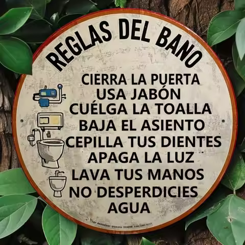 Spanish Bathroom Rules Metal Sign - 7.8x7.8" Round 2D Flat Vintage Humor Decor, Home Bar Funny Wall 