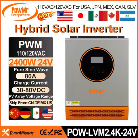 PowMr 2.4KW PWM Hybrid Solar Inverter 24V to 110VAC/120VAC Pure Sine Wave 80A Solar Charger Controll