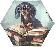 5 Fold Travel Umbrella for Rain Sun & UV Protection, Funny Reading Dachshund Dog Windproof 6 Ribs UP