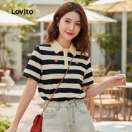 (Fashion_4) Lovito Casual T-Shirt Striped Button T-Shirt for Women LNE43269
