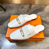 全新 Hermes 愛馬仕 roulis豬鼻子白金平底穆勒鞋拖 包頭拖鞋 山羊皮 百搭時尚 女款 白36碼