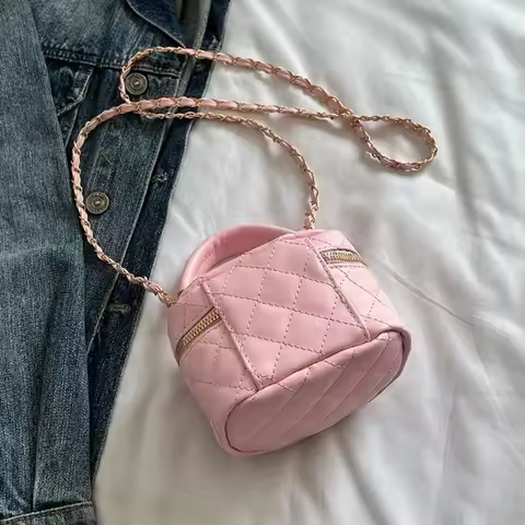 Mini Diamond Quilted Leather Bucket Bag Multi-Color with Gold Chain Shoulder Strap Plaid Chain Bag C
