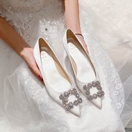 White Wedding Shoes Size 33-44 Rhinestone Shoes Satin Pointed Toe Flats Shoes Women Bridal Shoes Plu