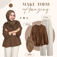 One Set 3-in-1 Trendy Coffee Outfit [Pants + Mireya Blouse + Hijab] Set - AS236N