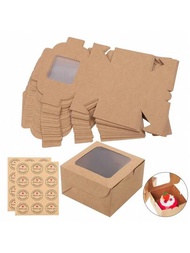 烘焙包裝盒,4英寸棕色牛皮紙蛋糕盒 + 貼紙,24裝曲奇餅乾盒,透明展示窗禮品盒適用於蛋糕糕點餡餅,牛皮紙禮品包裝盒