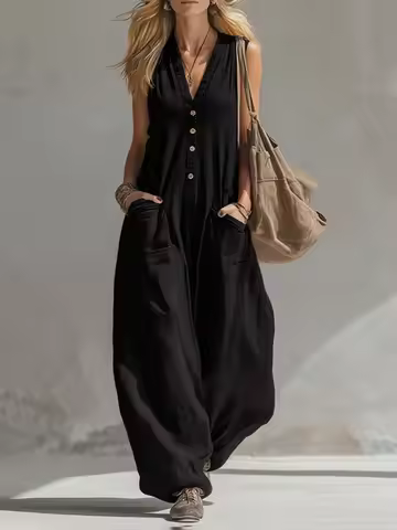 UOOZEE 2026 New Women's Sleeveless Casual Black Jumpsuit V Neck Button Front Pockets Wide Leg Overal