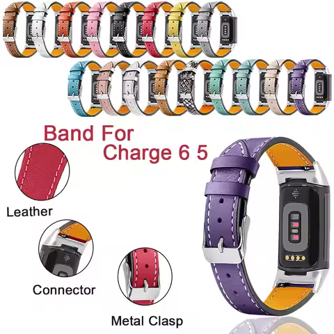 Watchband Compatible with Fitbit Charge 6 5 Men Women Leather Classic Buckle Replacement Wristband f