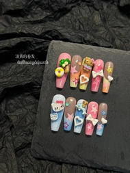 Handmade Hello Kitty Macaron Wearable Nails Medium Long Y2K Millennium Cute Nail Patches Adhesive Fa