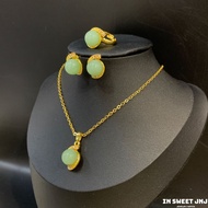 Stainless Steel Jewelry Set na may Pastel Green Stone Gold Plated Kwintas Hikaw Singsing