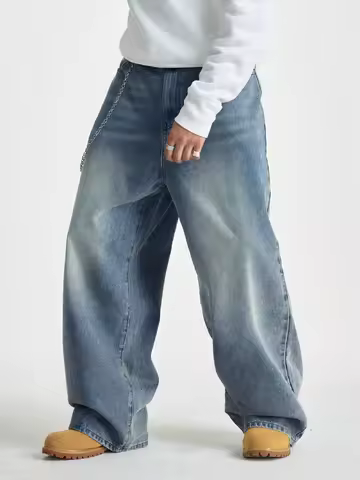 1Pc Men's Wide Pants Brushed Jeans Wide Jeans Y2K New Rocks Jeans Buggy Black Hip-Hop Pants