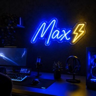Custom Name Neon Light with Lightning Symbol, USB Dimmable LED Wall Sign, Cool Gaming Room Decor for