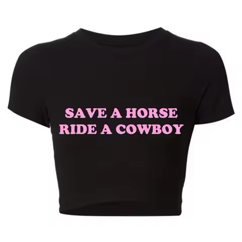 Save A Horse Ride A Cowboy Women Crop Top O Neck Baby Tee Y2k Clothing 2000s Grunge Goth T Shirt Vin