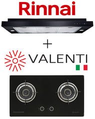 RINNAI RH-S329-PBR SLIMLINE HOOD + VALENTI VC728G 2 BURNER GLASS HOB