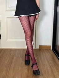 1條酒紅色菱形透紗絲襪,適用於2024年春季女裝系列,韓式風格,性感修身,中空網眼緊身褲,時尚女裝,舒適彈性黑色緊身褲,每天穿著都完美。