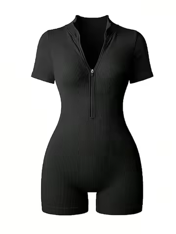 Women's Solid Color Half Zip Ribbed Knit Short Sleeve Romper Sports Soft Slim Fit Mock Neck Jumpsuit