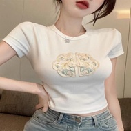 复古旗袍中式国风短袖T恤2024夏季刺绣新款短款气质显瘦甜美上衣Retro cheongsam Chinese style short sleeved T-shirt 202 benyishi74.m