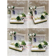 custom made gubahan frame mas kahwin (5r) & 2pc bekas cincin + wording+3pc duit replika-emerald gree