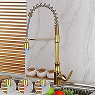 Kitchen Faucet Golden Vessel Sink Swivel Faucet Washbasin Mixer Taps with LED Pull Down Spring Spray Water Tap interesting