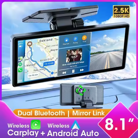 7/8.1 Inch 2.5K Dash Cam Wireless Carplay Android Auto Dual Len Car DVR 1080P Rear Camera Navigation