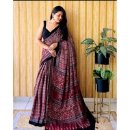 Festival Semi Gajji Saree Ajrakh Print with Unstitched Blouse