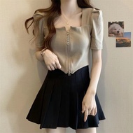 Large Size Niche Design Sense Square Neck Short-Sleeved t-Shirt Women Fat MM Irregular French Slimme