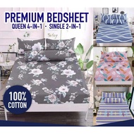 [KhanzMall] 100% COTTON 280THREAD COUNT QUEEN FITTED BEDSHEET 150cm*195cm*25cm INCULCATED 2 PILLOW C