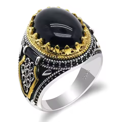 Natural Agate Stone 925 Silver Men's Ring Power Auspicious Ring Handmade Turkish Signet Rings Rock J