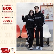 Combo hoodie + The Xide sports 3-stripe fleece pants with LEMANISM print, unisex form, made of thick