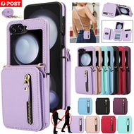 For Samsung Galaxy Z Flip7 FE 6 5 4 3 Crossbody Lanyard Zip Wallet Leather Case Cover