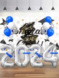 Conjunto de 24 globos de temática de graduación 2024, globos de papel de aluminio plateados con forma de número y gorro de graduación, globos de helio para decoración de fiesta y ceremonia de graduación