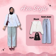 PUTIH Aza Style | One Set (White Blouse + Jeans Culottes + Hijab) | Korean Hijab