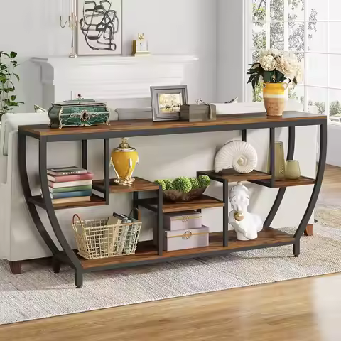 Long 70.9 Inch Sofa Table with Shelves, Rustic Console Table, Storage, Industrial Entryway Table, TV