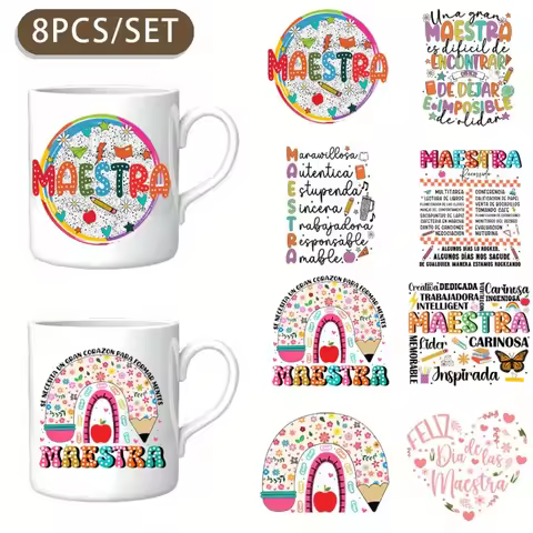 8PCS/SET Spanish Quotations Teacher's Day DIY Light Beigeny Tumblers Wrap Decorative Transfer Paper