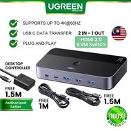 UGREEN HDMI 2.0 KVM Switch 2 IN 1 OUT Switcher Box with Desktop Controller 4K60Hz UltraHD HDR Vision For Monitor Sharing