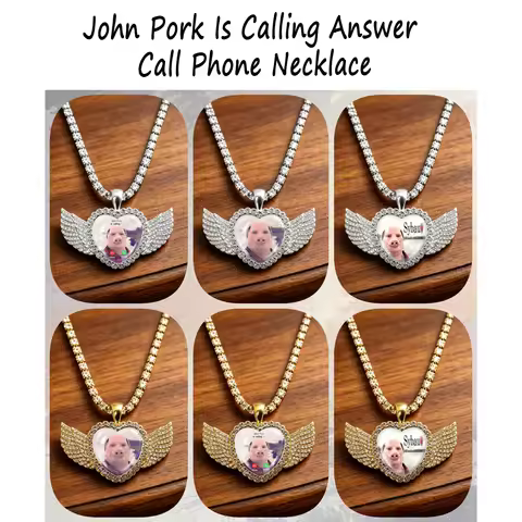 For John Pork Is Calling Answer Call Phone Necklace Sybau Meme Funny Angel Wings Peach Heart Pendant