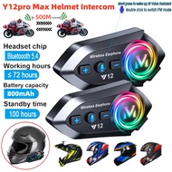 Y12ro 500M Motorcycle Helmet Intercom Bluetooth 5.4 Wireless Headset IPX6 Waterproof RGB FM Radio