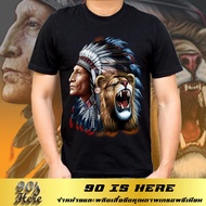 เสื้อฮิปฮอป โอเวอร์ไซส์สีดำแบรนด์ไทย 90s Here เสื้อยืดลายกราฟฟิกแนวอินเดียแดง สำหรับชาย/หญิง ผ้าCott