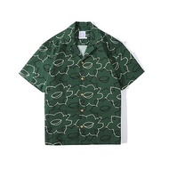 GOC 水仙花圖案 天絲棉麻材質襯衫 - 綠底黑白線條花