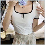 Ozenka women's crop top with square neck and short sleeves, chic body-hugging basic crt shirt to wea