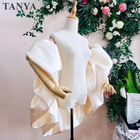 Cream Mikado Wrap Jewelry Gloss Romantic Wedding Shawl Pleated Wave Elegant Bride Jacket Design By T