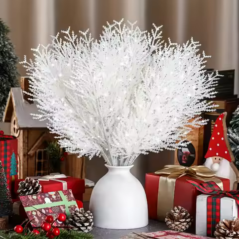 12pcs White Shiny Artificial Pine Branches Plastic Fake Snow-Covered Needles for Christmas Trees Wed