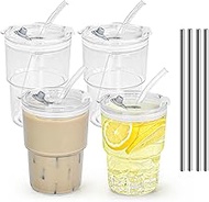 15 oz Plastic Iced Coffee Cups with Lids and Straws Set of 4, Unbreakable Drinking Glasses Reusable