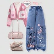 Tween Girls Graffiti Print Cargo Wide Leg Jeans, Sweet & Cool Street Fashion Casual Y2k Graphic Jean